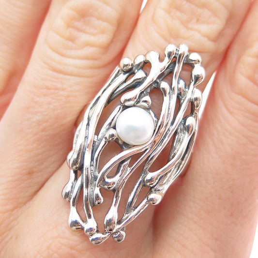 HAGIT GORALI Sterling Silver Vintage Israel Real Pearl Modernist Ring Size 9.5