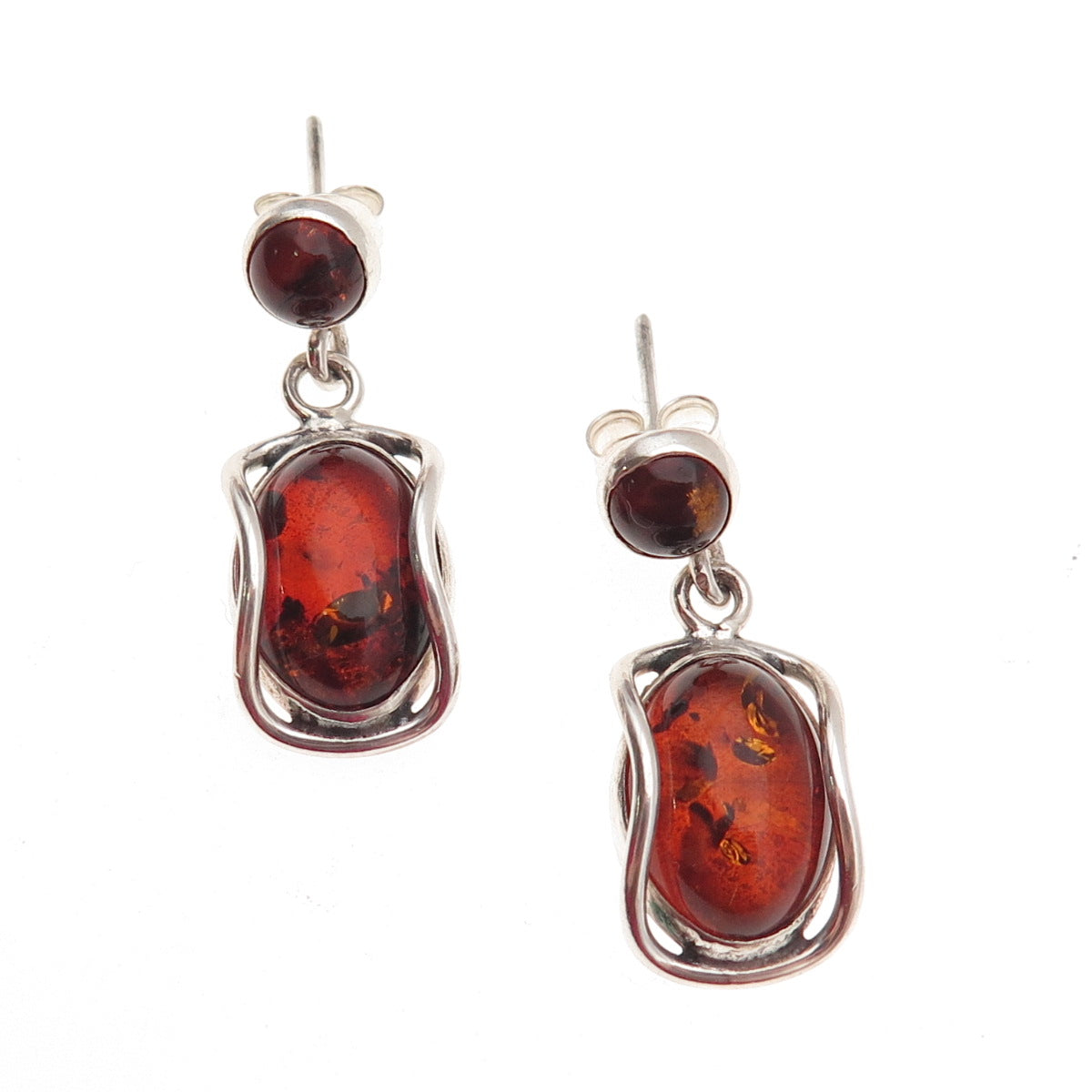 925 Sterling Silver Vintage Real Amber Modernist Oxidized Dangle Earrings
