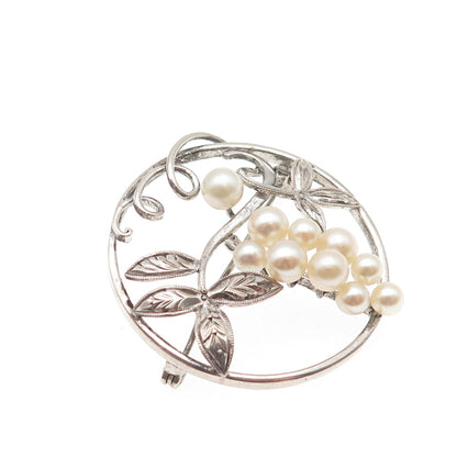 925 Sterling Silver Antique Art Deco Real Pearl Floral Pin Brooch