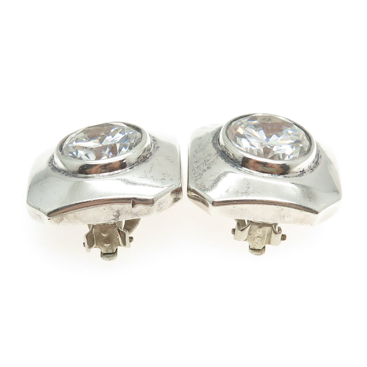 925 Sterling Silver Vintage Round-Cut C Z Clip On Earrings