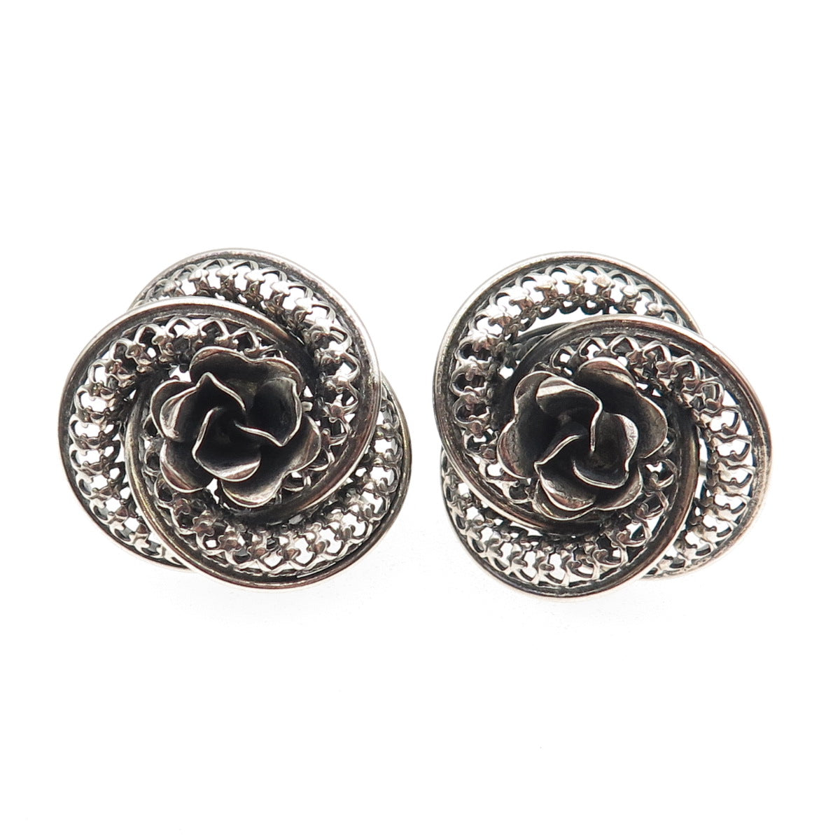 DANECRAFT Sterling Silver Antique Art Deco Flower Oxidized Screw Back Earrings