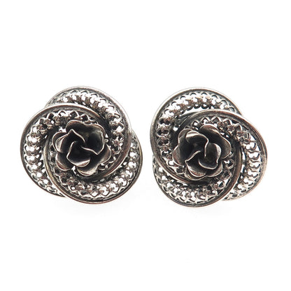 DANECRAFT Sterling Silver Antique Art Deco Flower Oxidized Screw Back Earrings