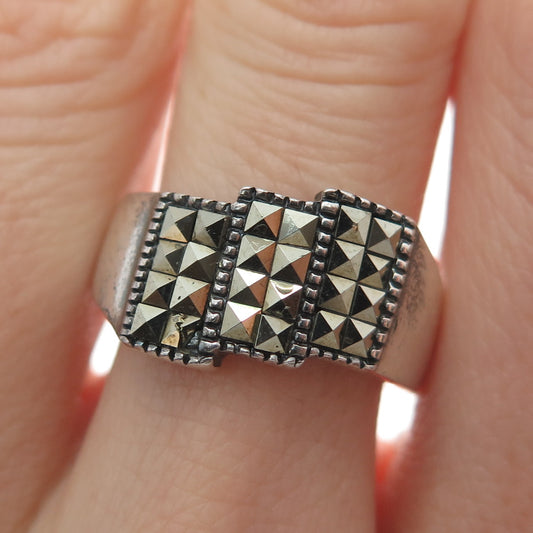 925 Sterling Silver Vintage Real Marcasite Modernist Oxidized Ring Size 7