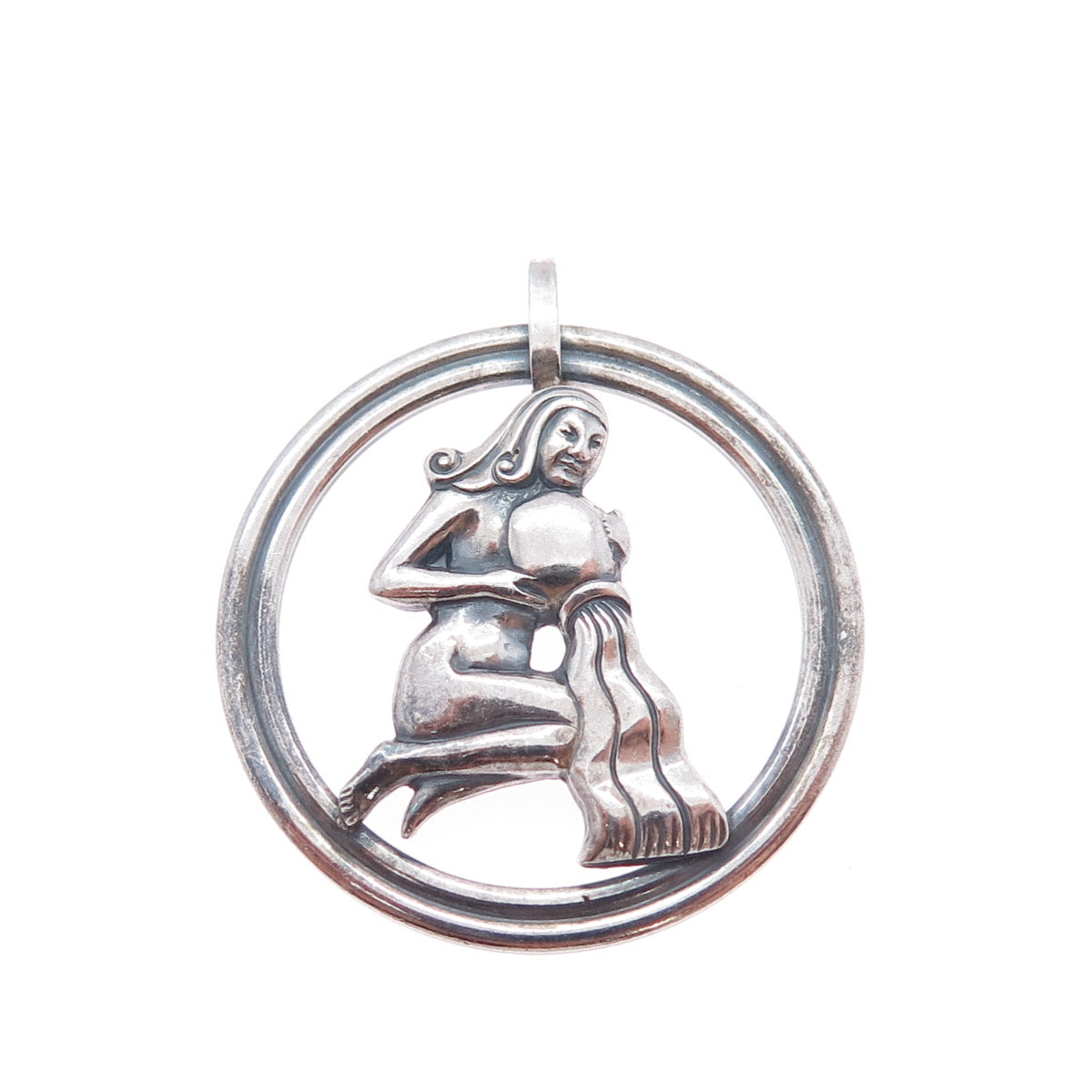 VAN DELL 925 Sterling Silver Vintage Aquarius Zodiac Sign Oxidized Charm Pendant