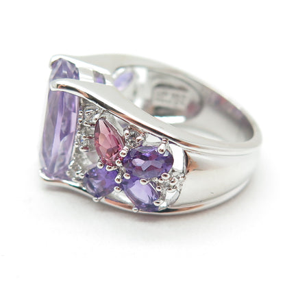 925 Sterling Silver Real Purple & Pink Amethyst & C Z Cluster Ring Size 6.75