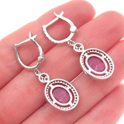 925 Sterling Silver Real Round-Cut Diamond & Oval-Cut Ruby Dangle Earrings