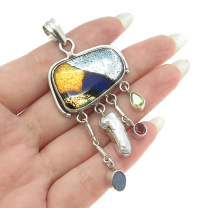 925 Sterling Vintage Dichroic Glass Pearl Garnet Peridot Opal Modernist Pendant