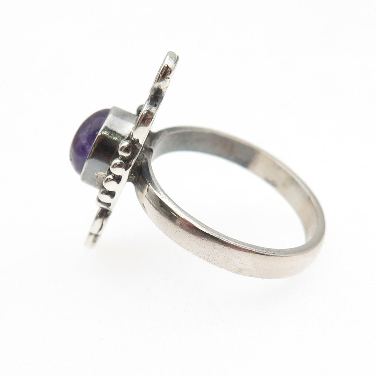 925 Sterling Silver Vintage Real Amethyst Modernist Oxidized Ring Size 8.5