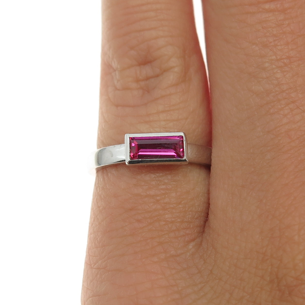 925 Sterling Silver Baguette-Cut Lab-Created Pink Sapphire Ring Size 4.75