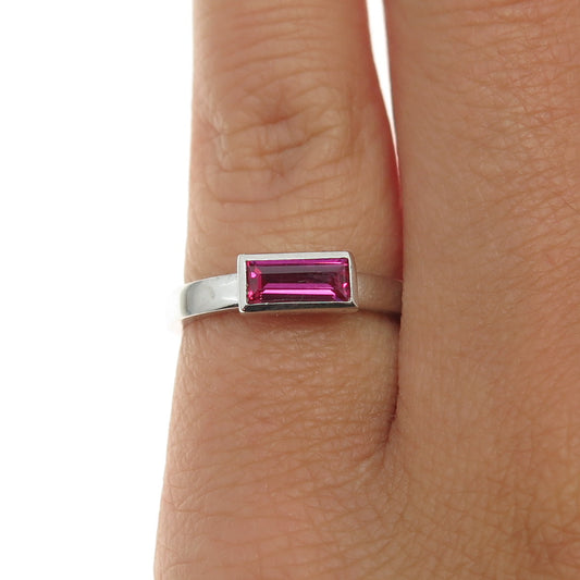 925 Sterling Silver Baguette-Cut Lab-Created Pink Sapphire Ring Size 4.75