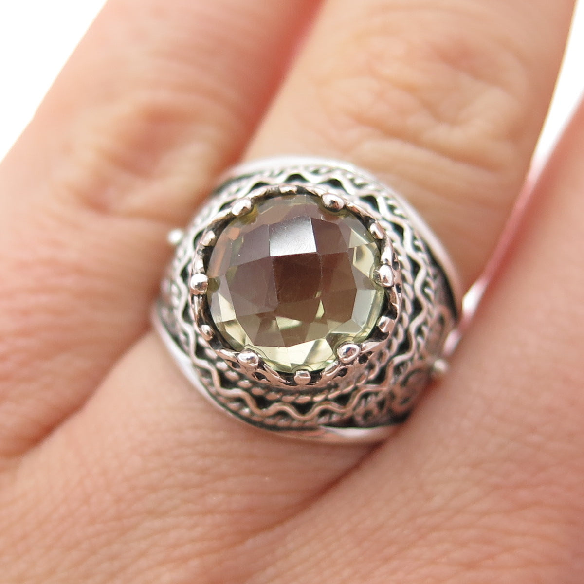 925 Sterling Silver Vintage Real Citrine Filigree Clover Lucky Ring Size 6