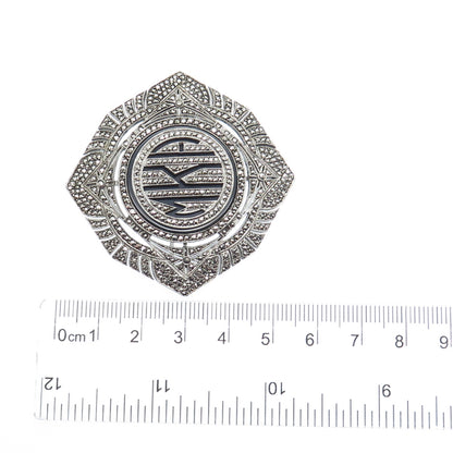 925 Sterling Silver Antique Real Black Onyx & Marcasite MKA Monogram Pin Brooch