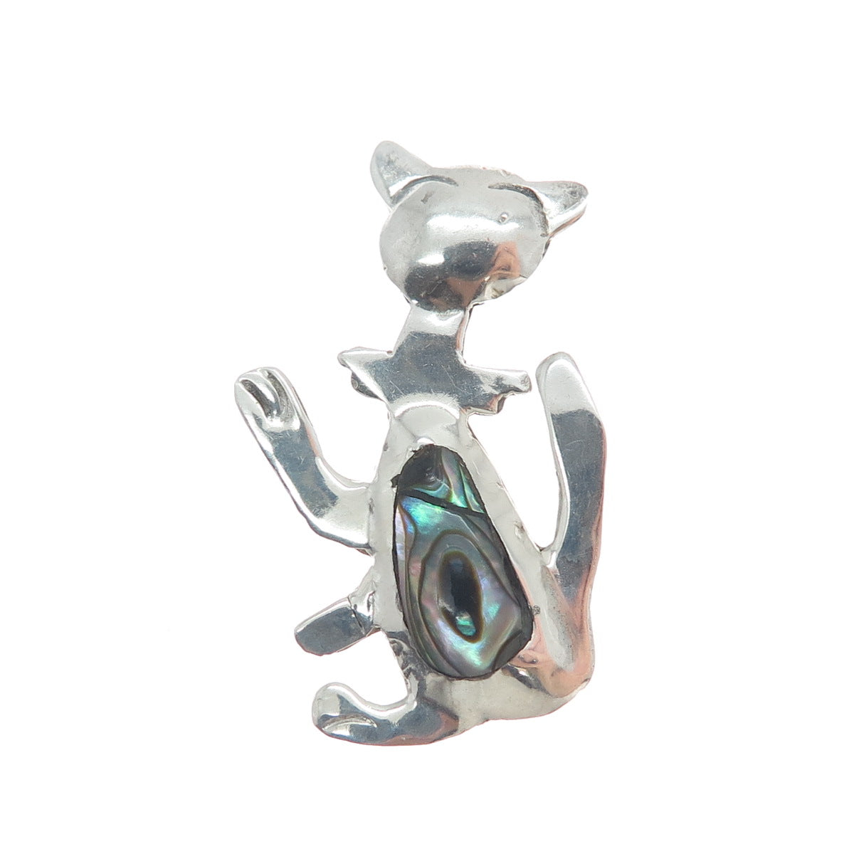 925 Sterling Silver Vintage Mexico Taxco Real Abalone Shell Cat Modernist Brooch