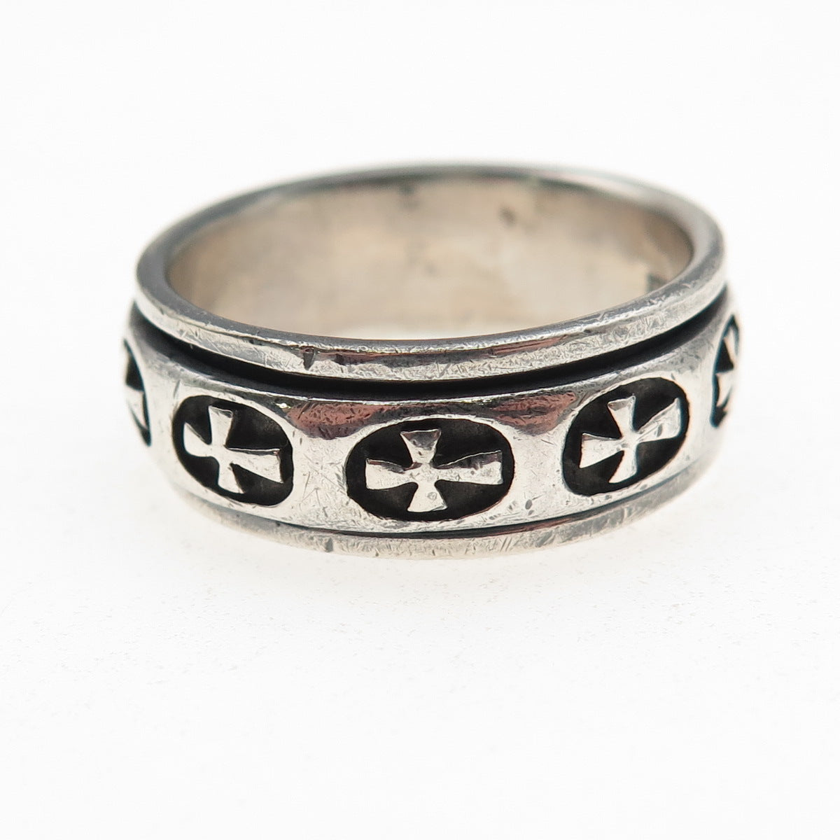 925 Sterling Silver Vintage Cross Oxidized Rotating Band Ring Size 13