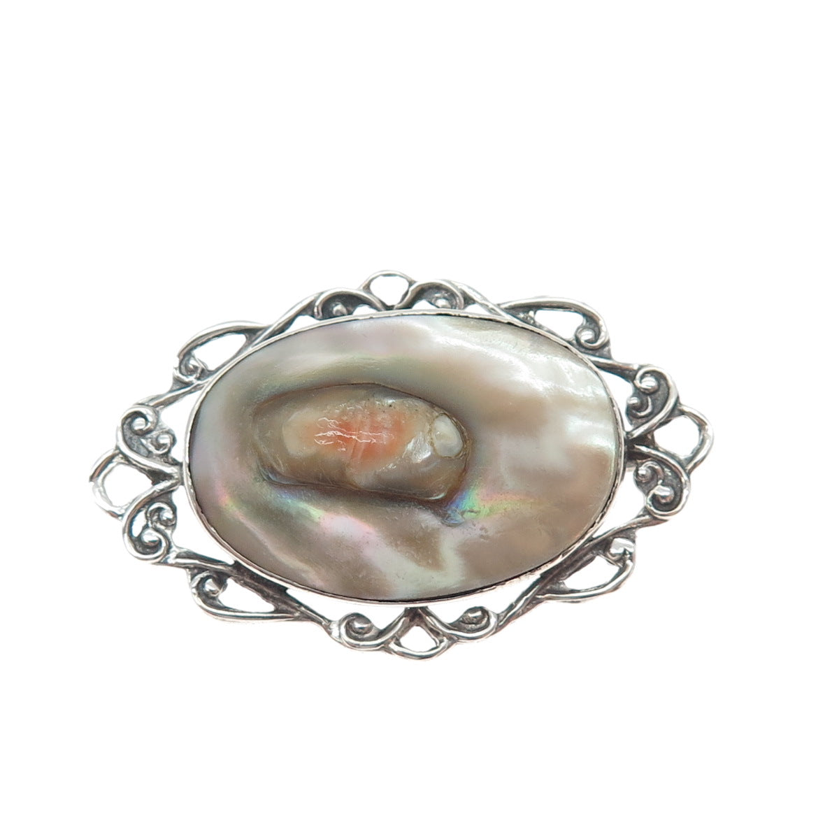 925 Sterling Silver Antique Art Deco Real Blister Pearl Oxidized Pin Brooch