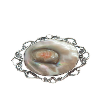 925 Sterling Silver Antique Art Deco Real Blister Pearl Oxidized Pin Brooch