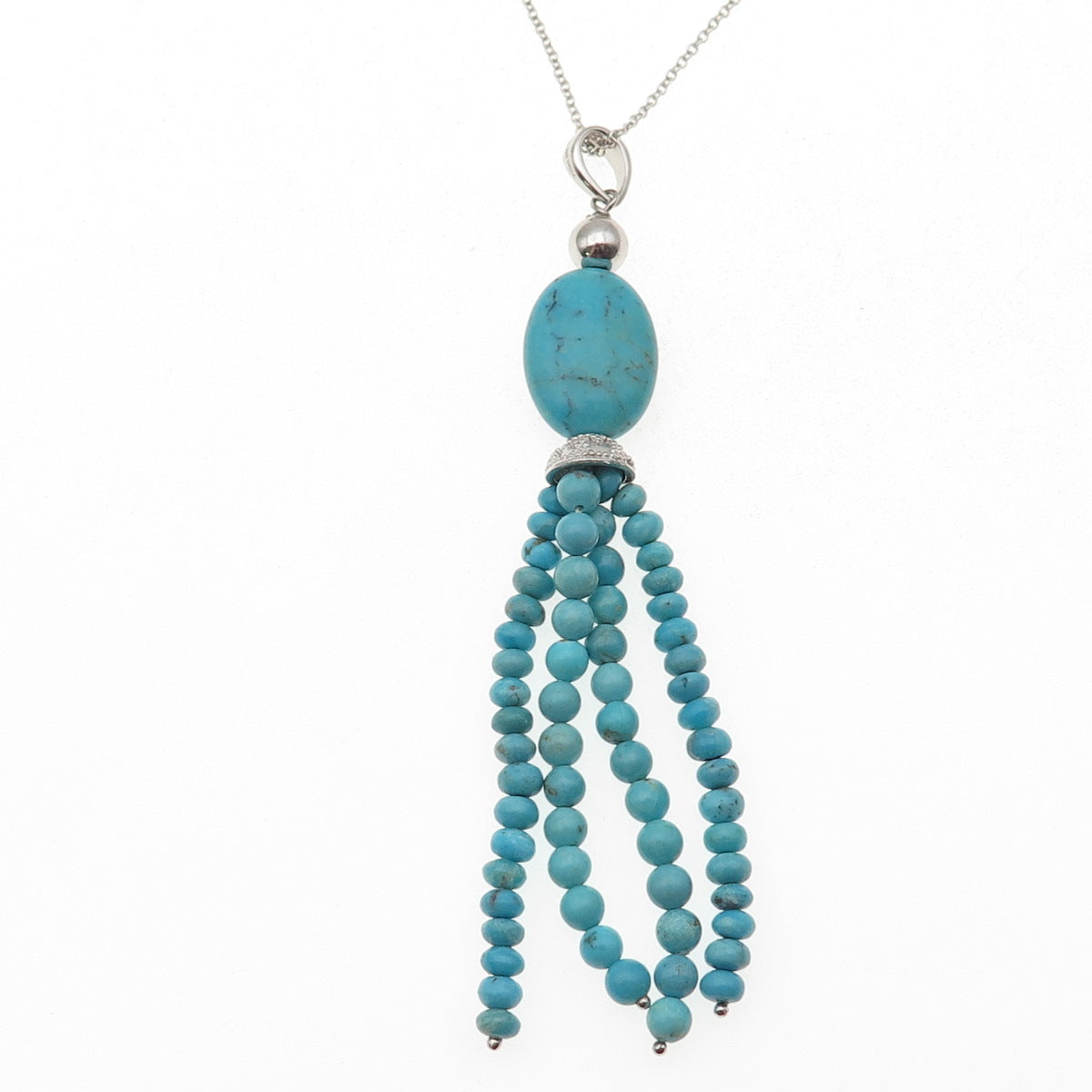 925 Sterling Silver Real Tyrone Turquoise Tassel Cable Chain Necklace 18"