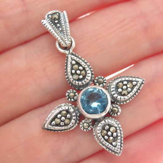 925 Sterling Silver Vintage Real Marcasite & Blue C Z Flower Cross Pendant