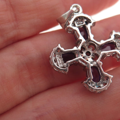 925 Sterling Silver Vintage Real Amethyst & C Z Cross Charm Pendant