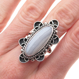 925 Sterling Silver Vintage CII Mexico Real Lace Agate Oxidized Ring Size 7