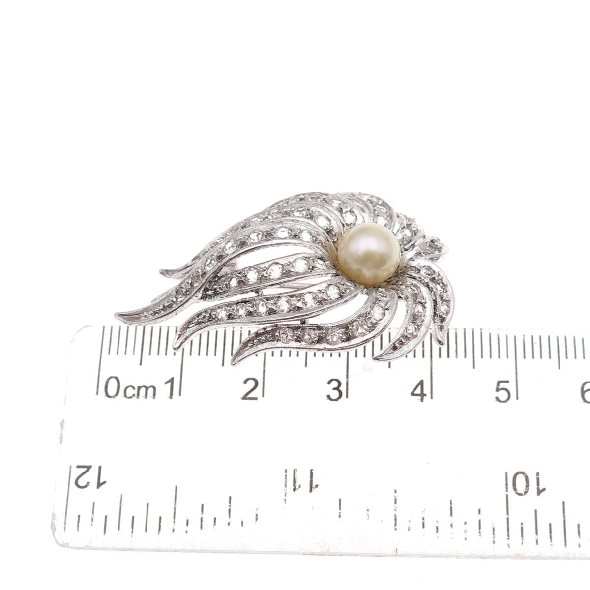 925 Sterling Silver Antique Art Deco Faux Pearl & Rhinestone Floral Pin Brooch