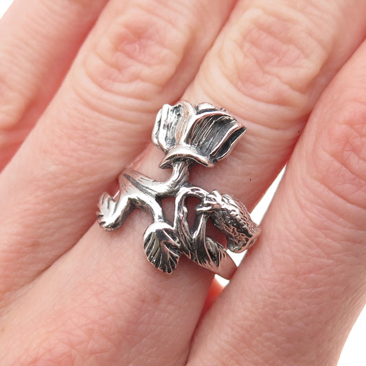 925 Sterling Silver Vintage Floral Oxidized Ring Size 8