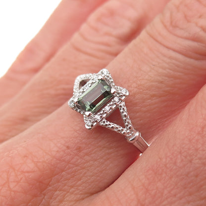 925 Sterling Silver Real Green Tourmaline & C Z Ring Size 7.25