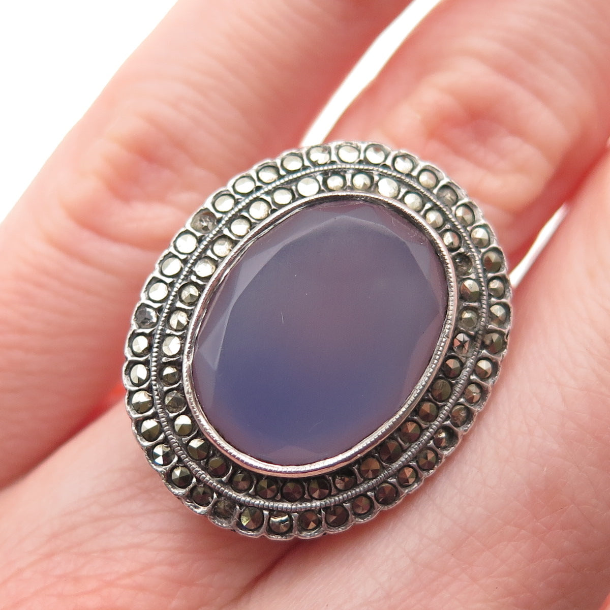 925 Sterling Antique Art Deco Germany Real Chalcedony & Marcasite Ring Size 5