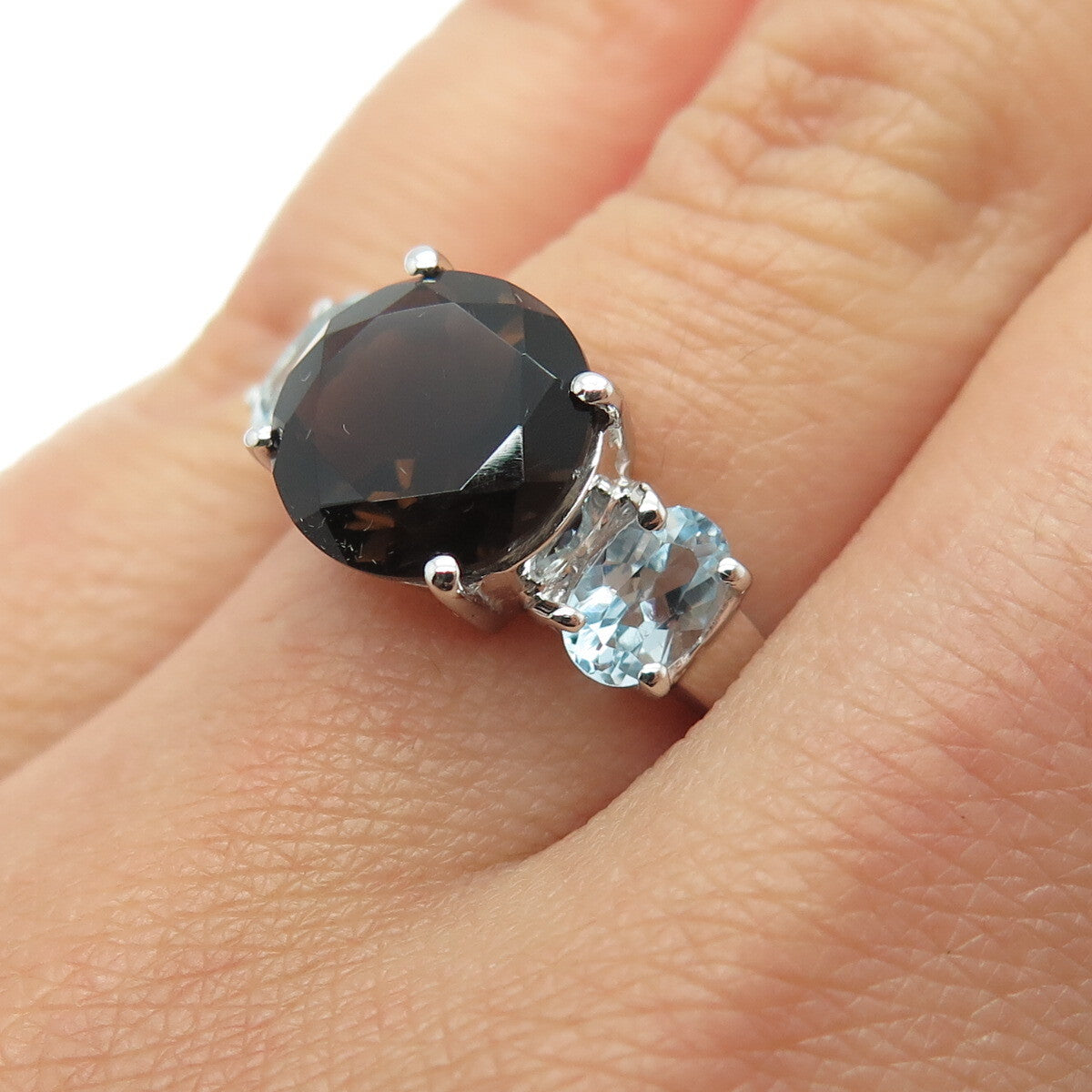 925 Sterling Silver Real Round-Cut Smoky Quartz & Blue Topaz Ring Size 6.25