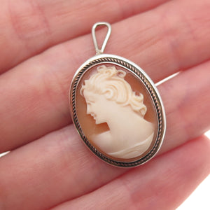 800 Silver 2-Tone Vintage Real MOP Carved Lady Cameo Pin Brooch / Pendant