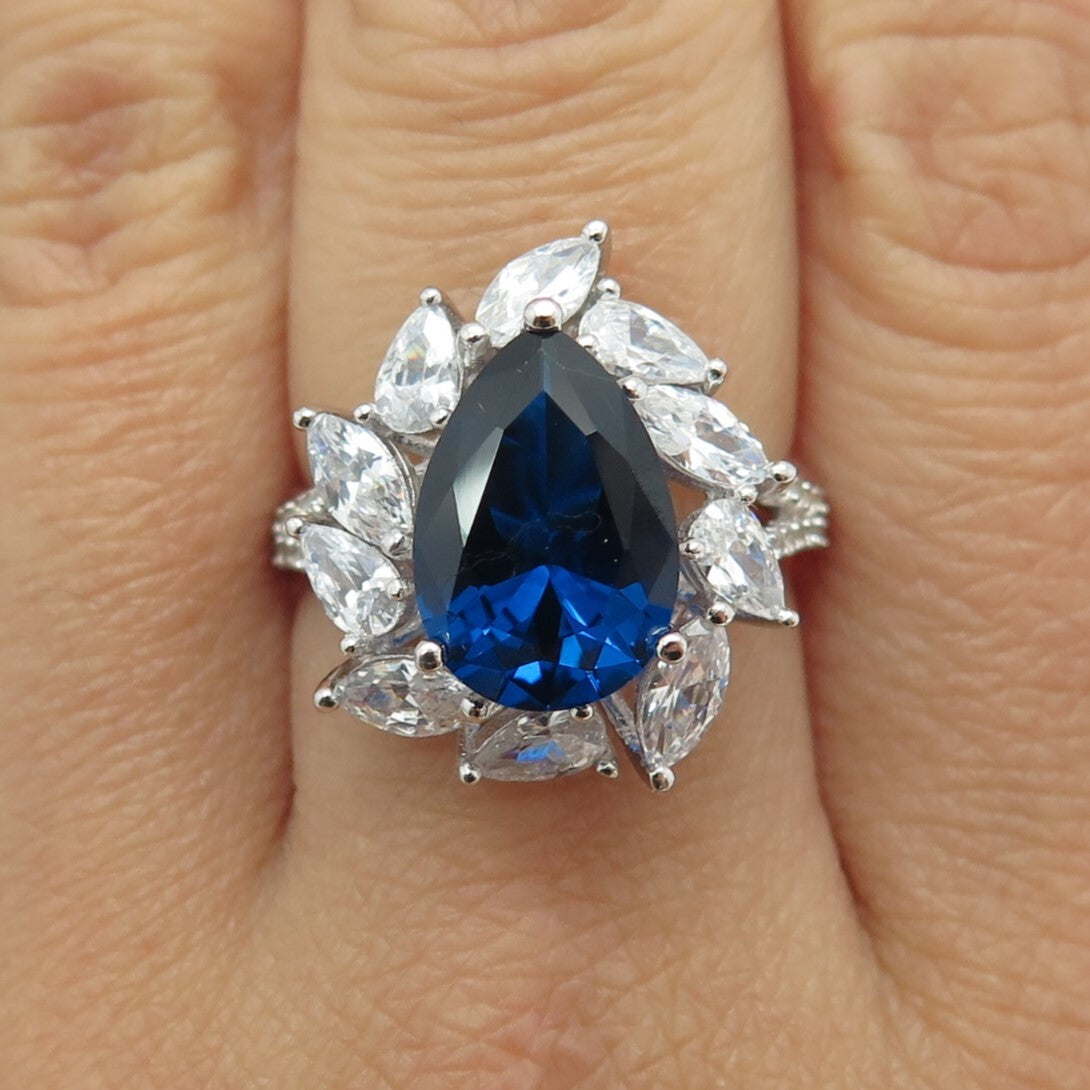 925 Sterling Silver Lab-Created Sapphire & C Z Teardrop Ring Size 8