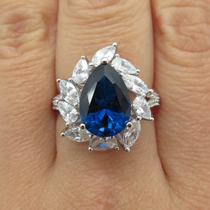 925 Sterling Silver Lab-Created Sapphire & C Z Teardrop Ring Size 8