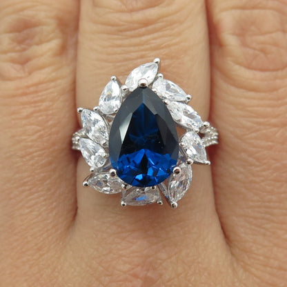 925 Sterling Silver Lab-Created Sapphire & C Z Teardrop Ring Size 8
