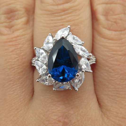 925 Sterling Silver Lab-Created Sapphire & C Z Teardrop Ring Size 8