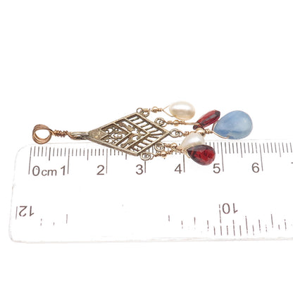 925 Sterling Silver Gold Plated Vintage Real Sapphire Pearl & Red Garnet Pendant