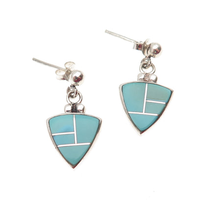 925 Sterling Silver Vintage Real Tyrone Turquoise Triangle Dangle Earrings