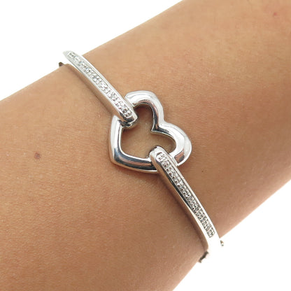 925 Sterling Silver Real Round-Cut Diamond Heart Bangle Bracelet 7.25"