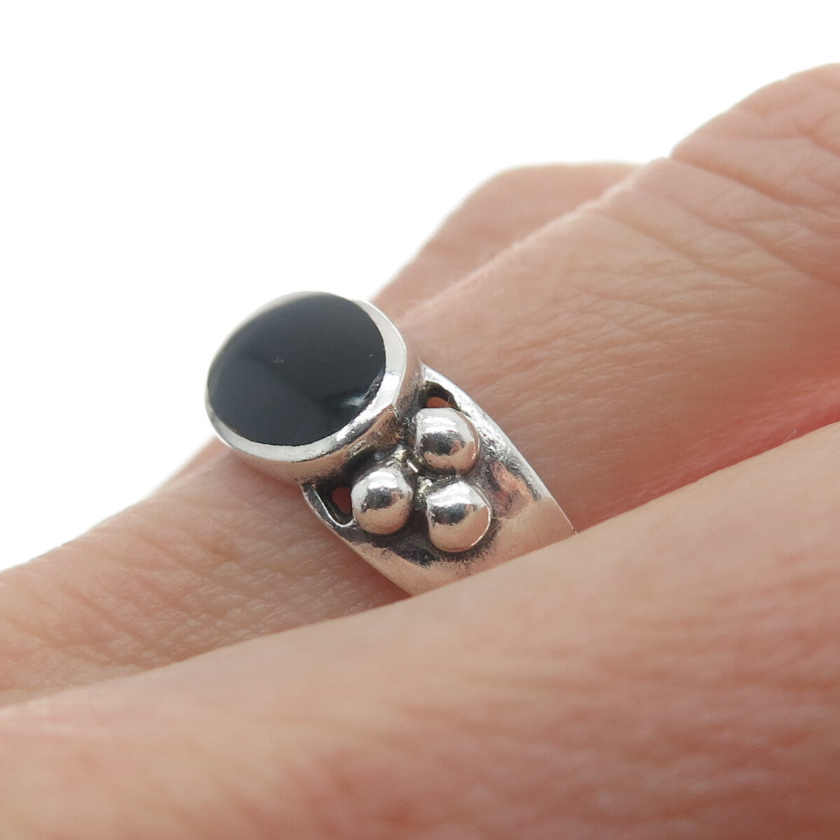 925 Sterling Silver Vintage Real Black Onyx Beaded Ring Size 7.75