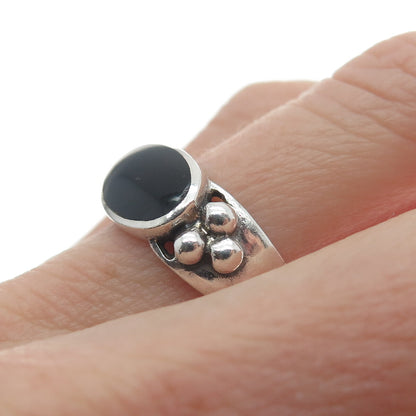 925 Sterling Silver Vintage Real Black Onyx Beaded Ring Size 7.75
