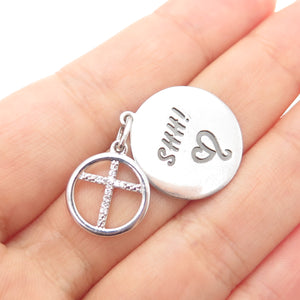 925 Sterling Silver Round-Cut C Z Shh! Faith Cross Minimalist Charm Pendant