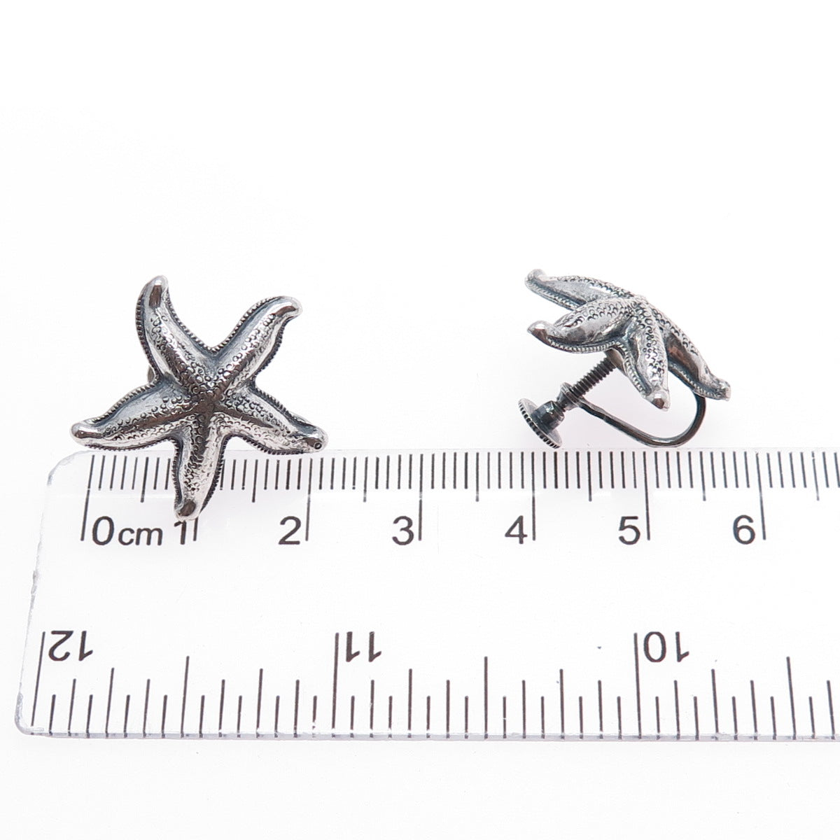 BEAU 925 Sterling Silver Antique Art Deco Starfish Oxidized Screw Back Earrings