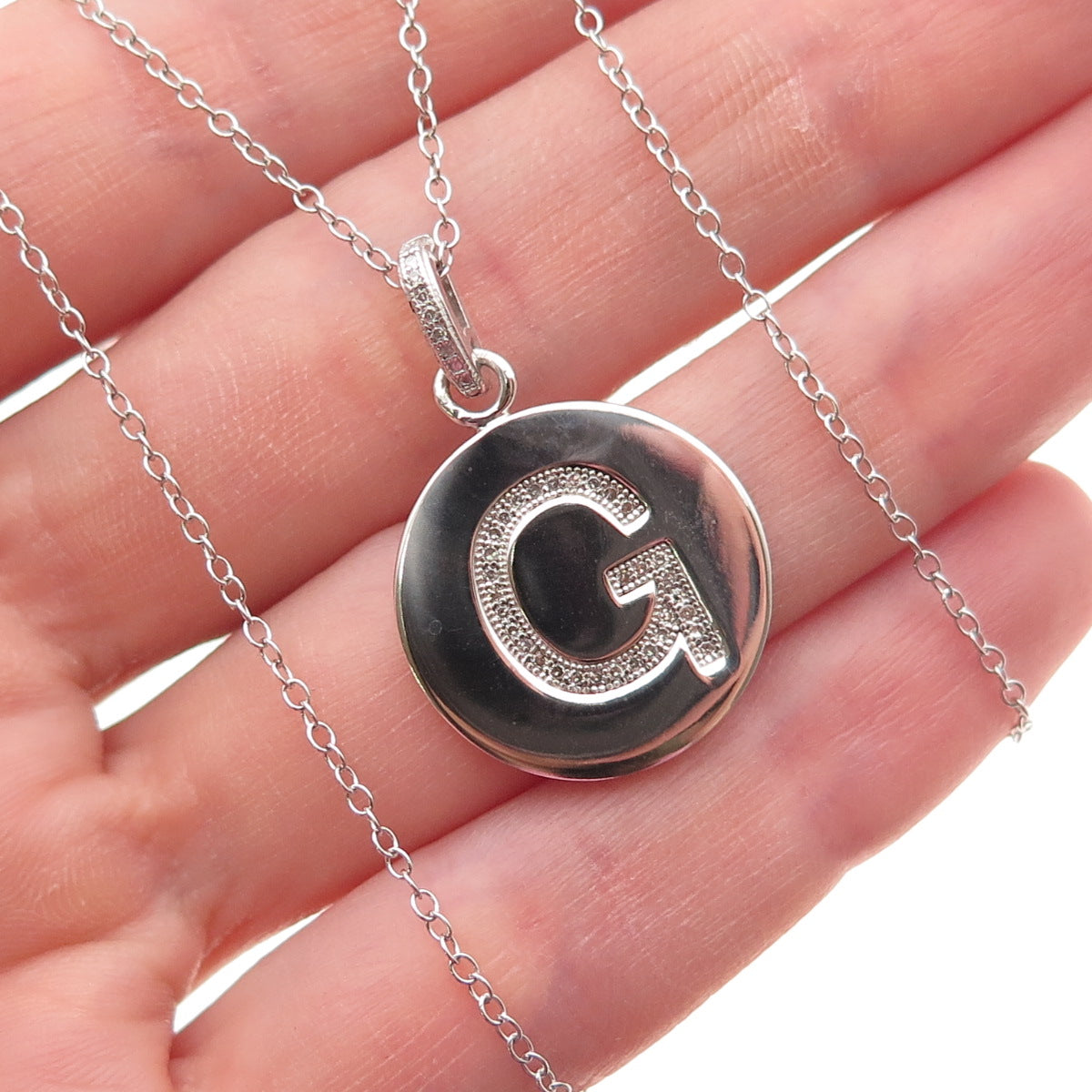 925 Sterling Silver Real Diamond Letter G Initial Cable Chain Necklace 18"