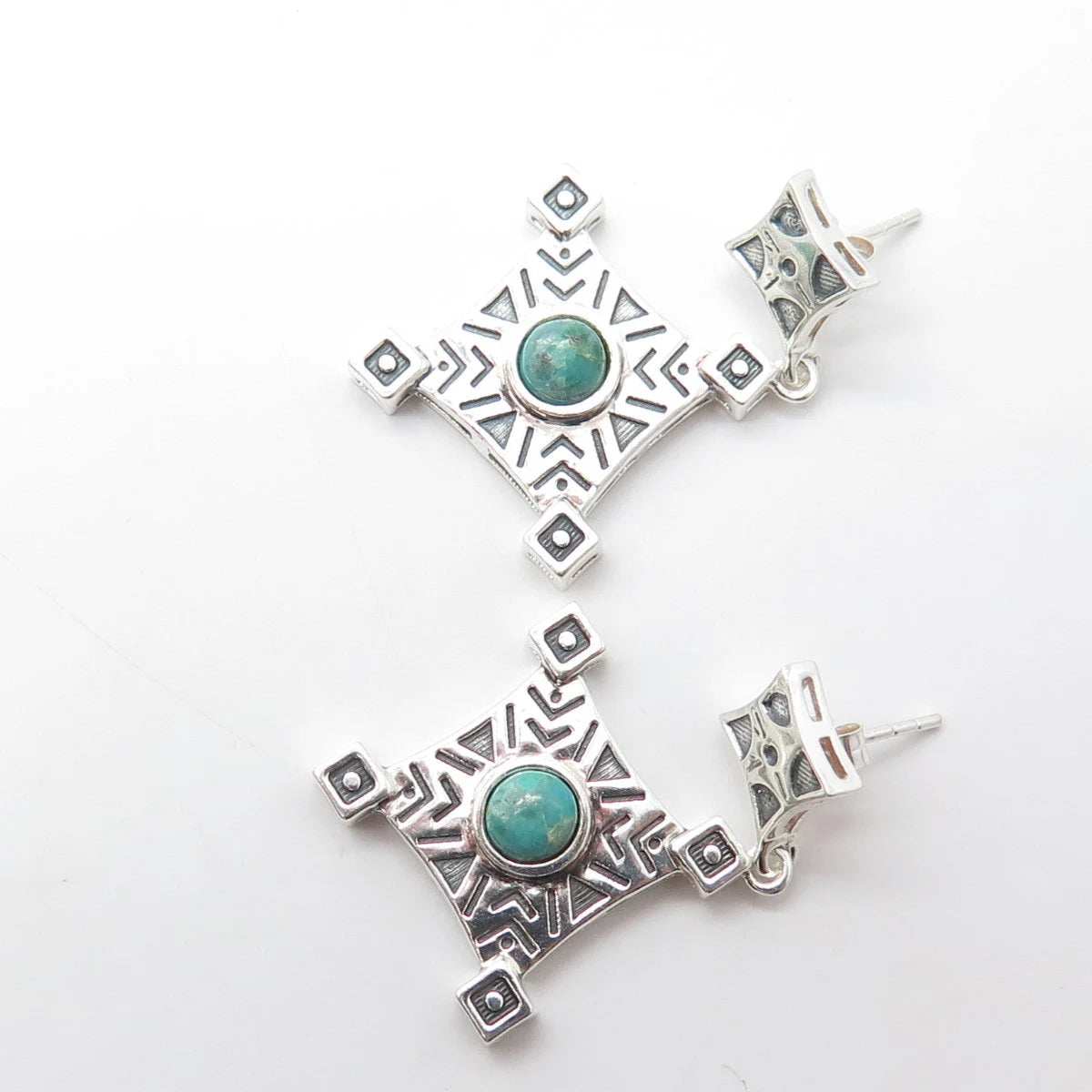 925 Sterling Silver Vintage Real Turquoise Scroll Cross Dangle Drop Earrings