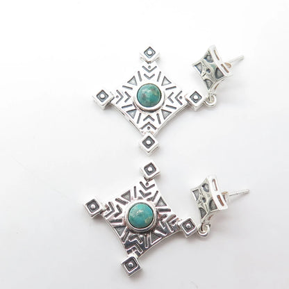 925 Sterling Silver Vintage Real Turquoise Scroll Cross Dangle Drop Earrings