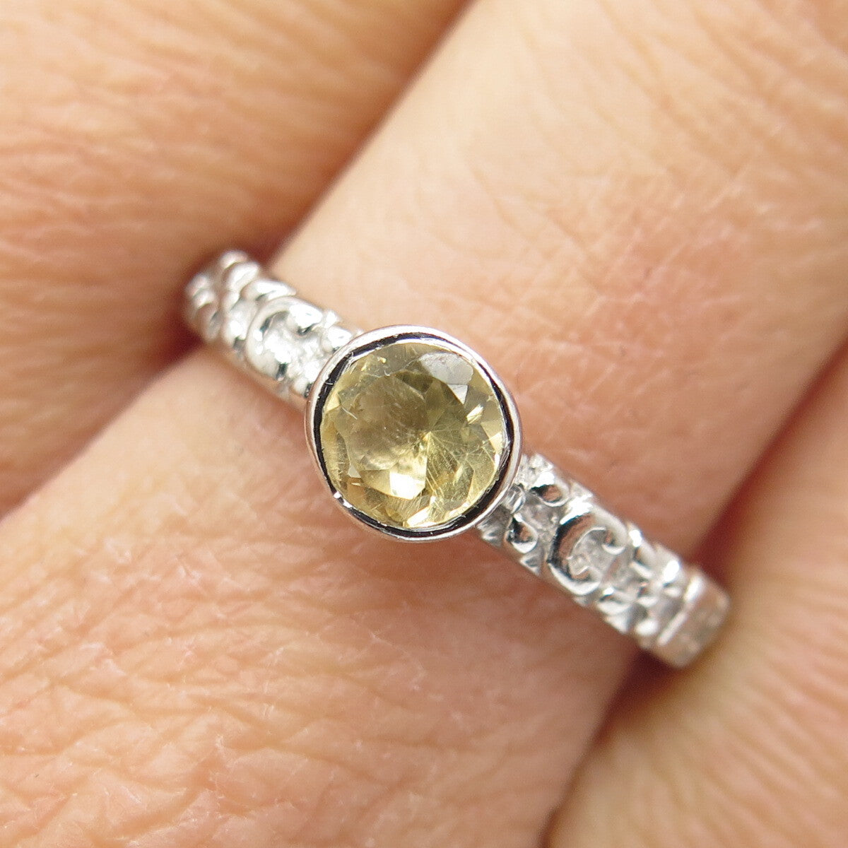 FADI 925 Sterling Silver Checkered Citrine Gem Letter "C" Floral Ring Size 8