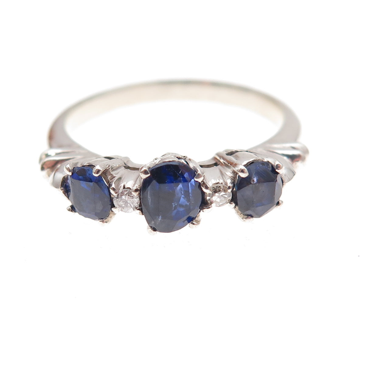 925 Sterling Silver Antique Art Deco Real Diamond & Sapphire Ring Size 7