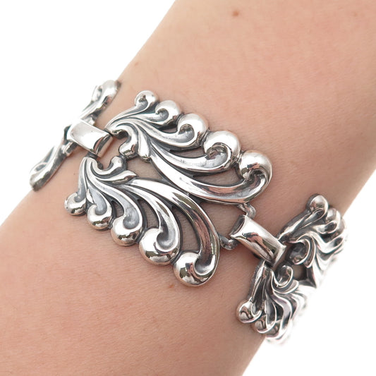 Danecraft 925 Sterling Silver Antique Art Deco Floral Panel Link Bracelet 7.75"