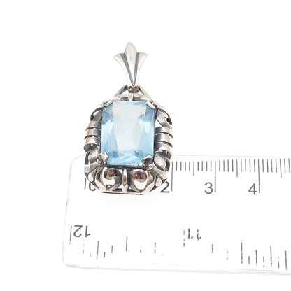 835 Silver Vintage Radiant-Cut Blue Glass Floral Oxidized Charm Pendant