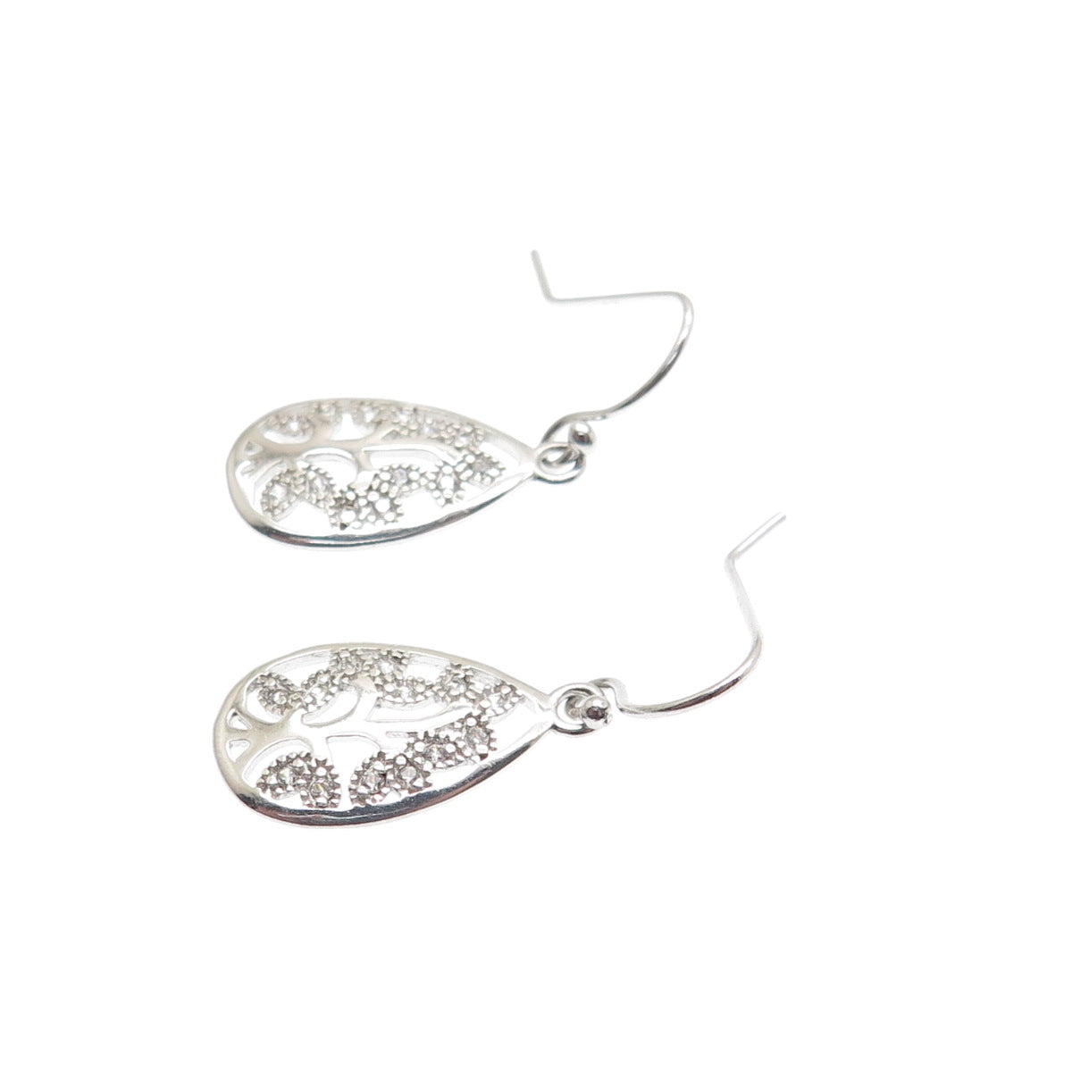 925 Sterling Silver Vintage Round-Cut C Z Floral Teardrop Dangle Earrings