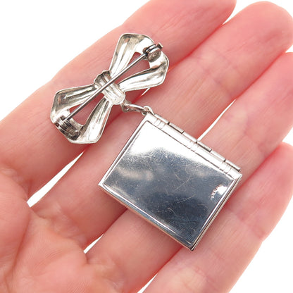 925 Sterling Silver Antique Art Deco Bow Floral Locket Pin Brooch